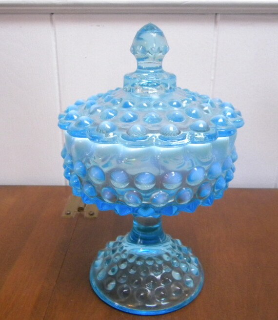 Fenton pedestal candy bowl opalescent blue hobnail covered