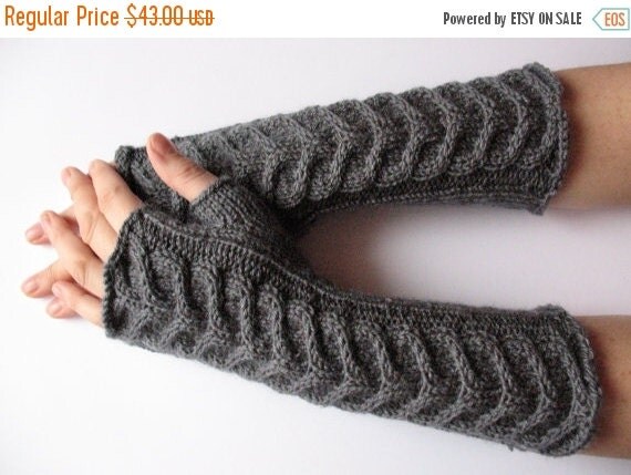 SALE Fingerless Gloves Long Dark Gray 10" Mittens Arm Warmers, Acrylic Wool