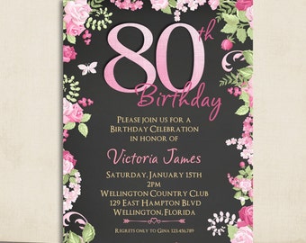 Watercolor Floral Chalkboard 80th Birthday Invitation