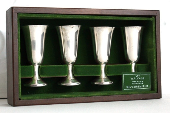 Wallace Sterling Silver Cordials - Wood Box Set Of 4 - wedding gift - 72g FREE SHIPPING