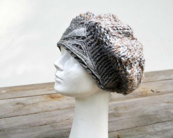 artisan Slouchy big Grey beret, winter knit hat, chunky woman hand knited wearable art soft knit with wool felt unique design art to wear 14