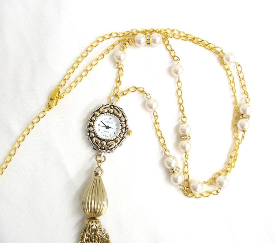 Mother's Day gift Gold tassel watch necklace by DixieDazzleToo