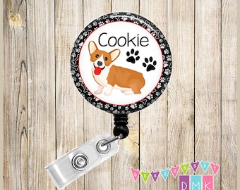 Corgi - Personalized - Paw Prints - Button Badge Reel - Retractable ID Holder - Alligator or Slide Clip - Unique Pet Lover Gift