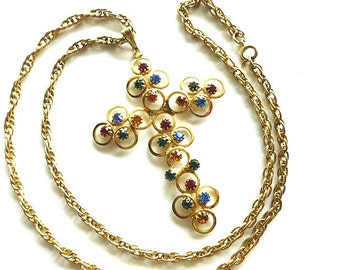SPARKLY RHINESTONES Goldtone Cross, Openwork Shiny Gold Cross Pendant, Cross & Chunky Long Neck Chain, Cross Necklace, Red Blue Gold Cross