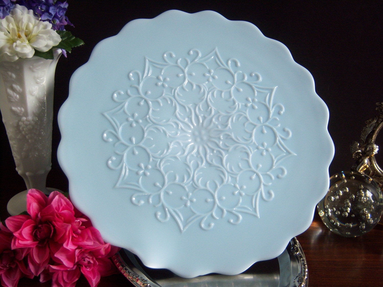 Fenton Blue Spanish Lace Milk Glass Cake Stand Wedding Milk