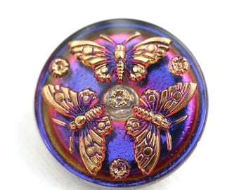27mm Golden Butterfly Czech Glass Button, Vitrail Purple and Gold, Handmade Button bead, size 12, 1pc - 2560