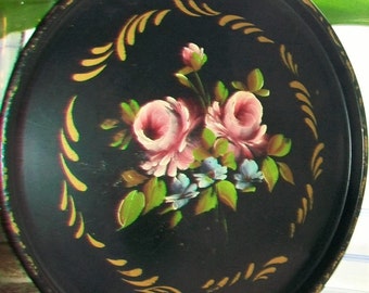 Vintage Toleware Tin Tray Tole Painted Flowers On Black Round Tray