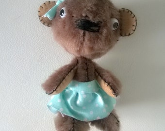 Brown Artist Bear with Blue Skirt Teddy Bear Stuffed Animal Gift Ooak Plush Plushie Soft Softie Cute Collectable