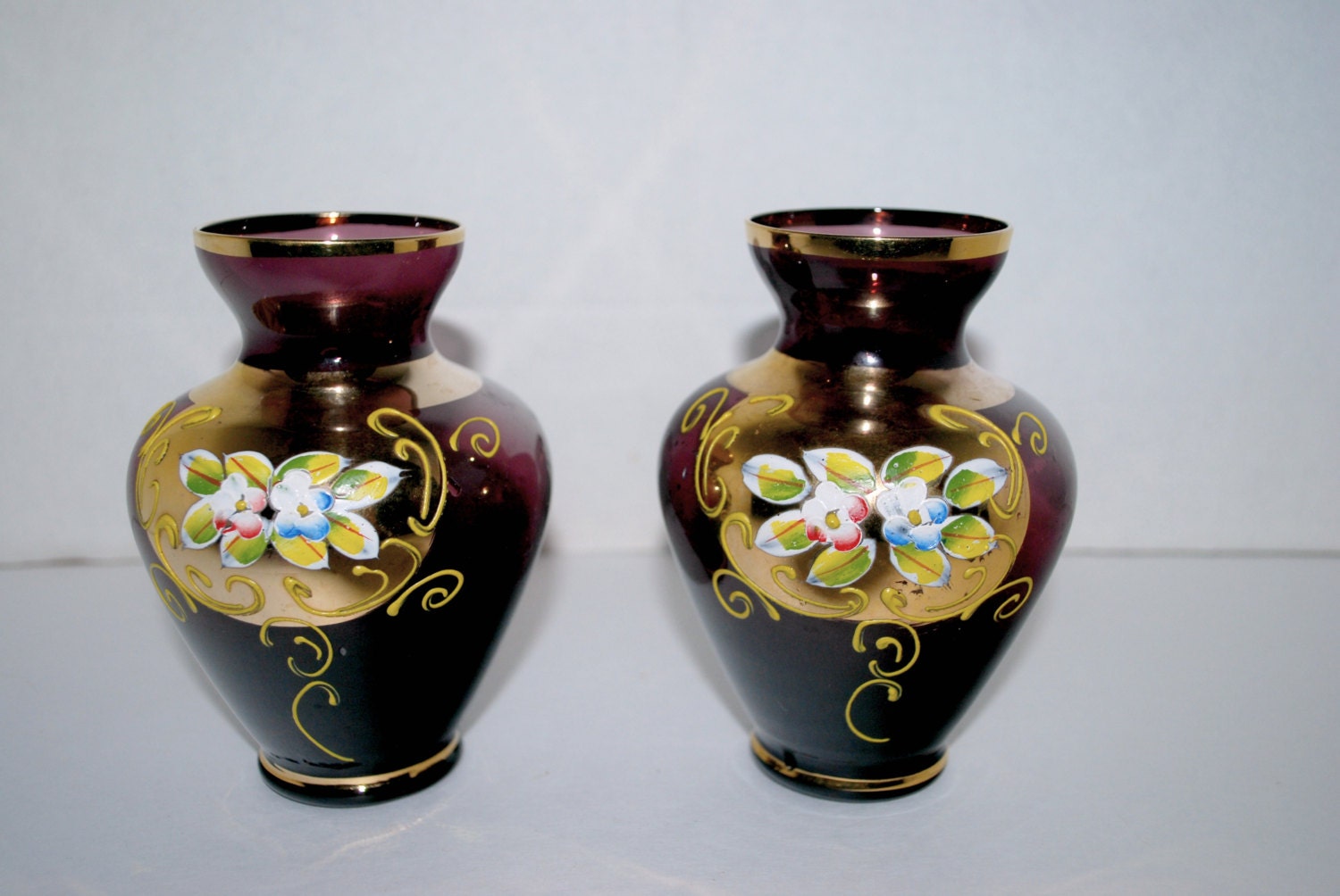 sale Czech purple glass vases set of 2 vases 24K detail