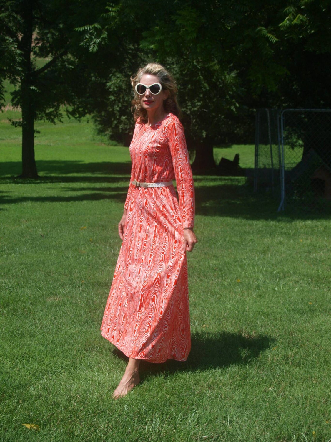 Vintage Orange Wood Grain Maxi Dress Long Festival Dress Boho