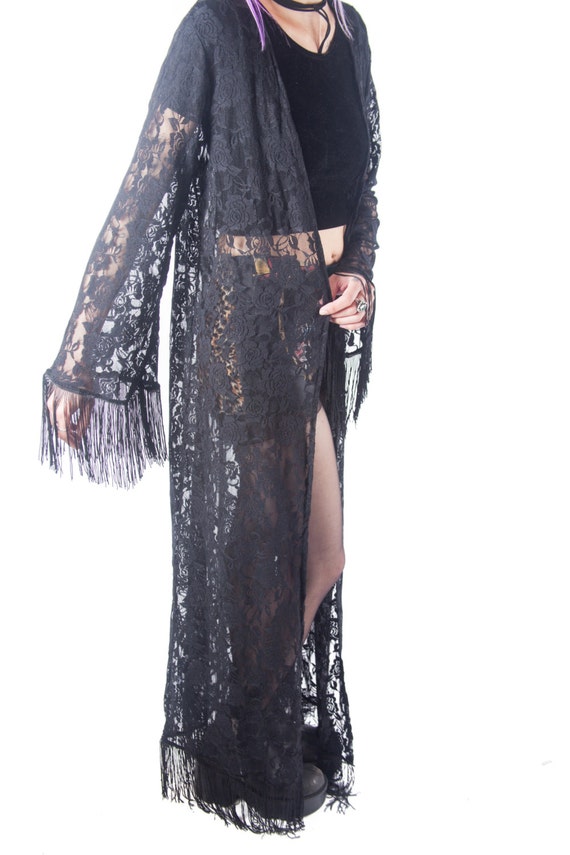 black lace kimono duster fringe lace kimono floor by Ragabond