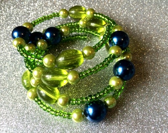 Lime Green Glass Cuff Bracelet Blue Pearl Expandable Memory Wire by JulieDeeleyJewellery Ladies Jewelry