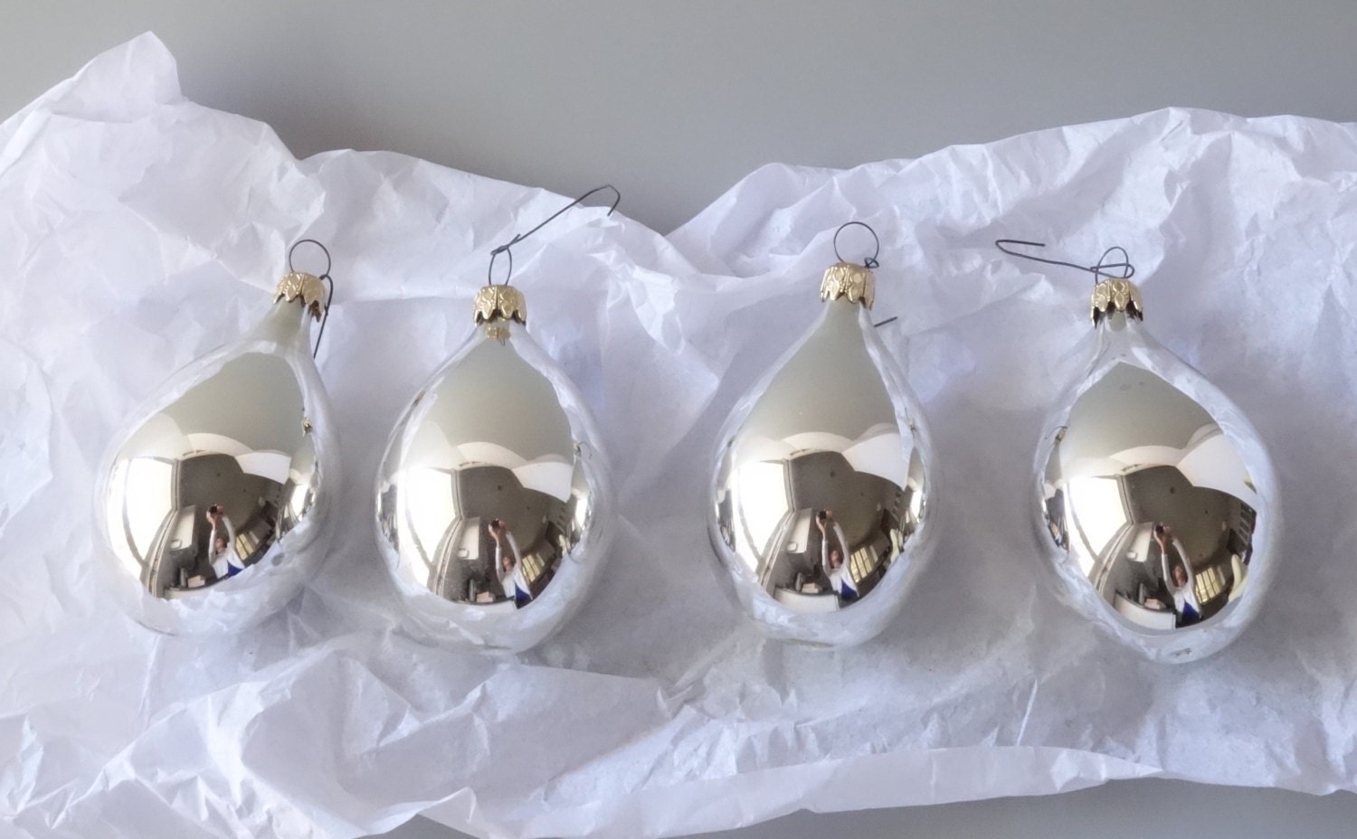 Four Glass Teardrop Christmas Ornaments Silver Vintage Germany
