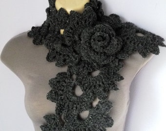 Crochet SCARF/ NECKWARMER with Crochet Flower Brooch