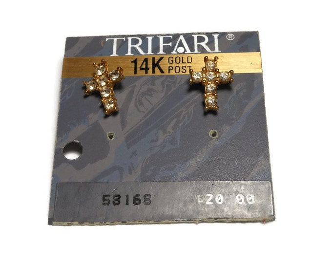 Trifari cross earrings, small 1980s 14K gold post rhinestone cross post earrings, stud earrings on original card