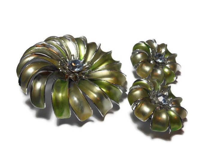 FREE SHIPPING Light green brooch and earrings, green enamel flowers with rhinestone center, floral figural brooch and clip earrings