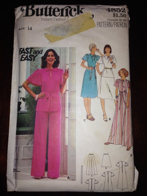 Butterick 4852 Sewing Pattern 70s Misses Dress, Top, Skirt, Pants and Belt Size 14