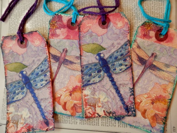 4 LARGE TAGS - Collage and Ink - Dragonflies Flowers Pink Blue Peach Purple