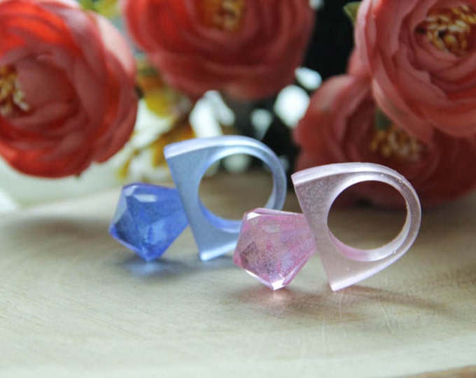 Diamond Resin Ring, Pink and Blue Diamond Resin Ring, Transparent Resin Ring, Fashion Resin Statement Ring, Anniversary Ring, Engagement