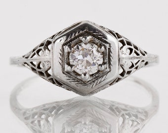 Antique Engagement Ring - Antique Diamond Ring - Edwardia 18k White Gold Filigree Diamond Engagement Ring