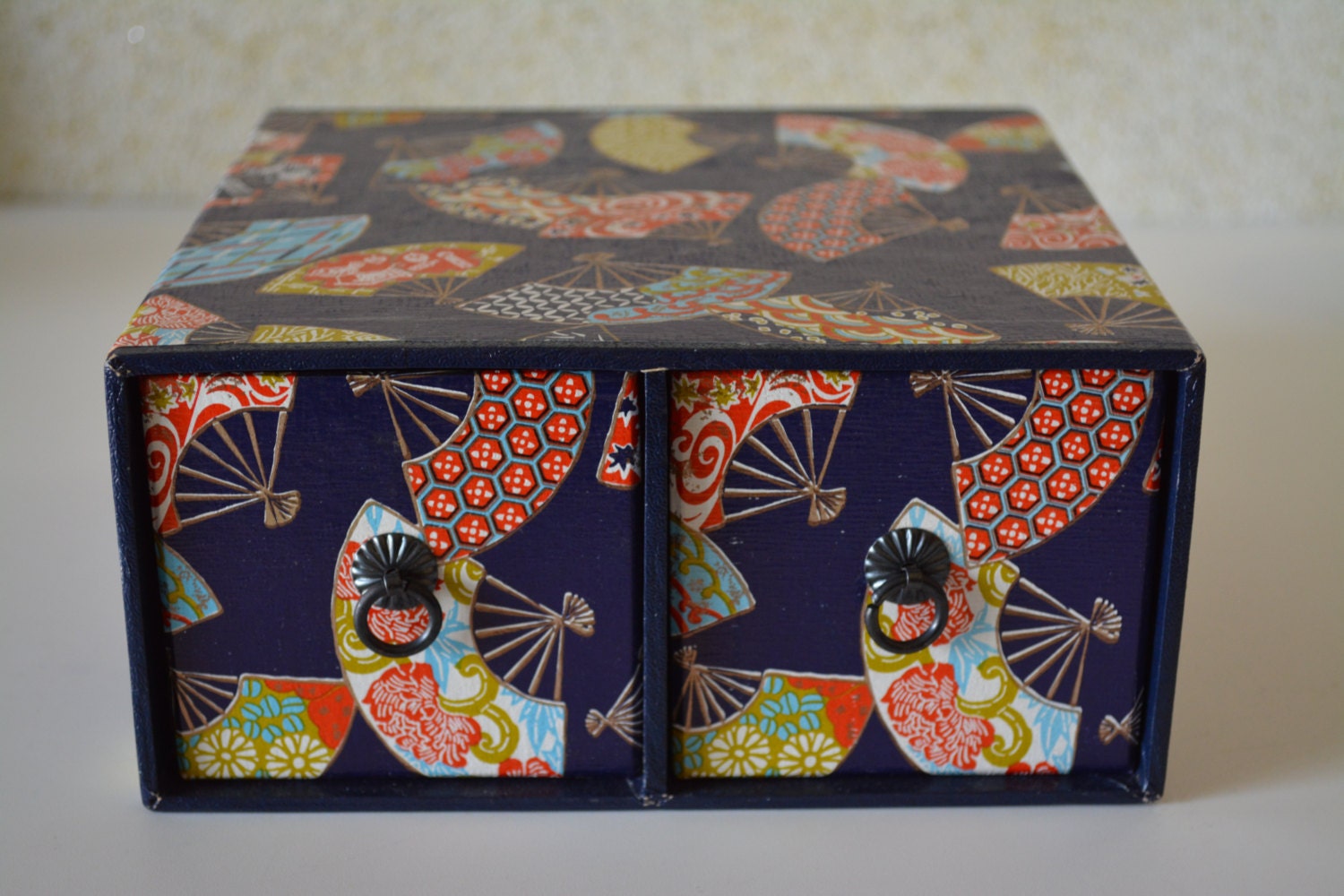 Paper covered box with two drawers, sturdy Japanese storage box from