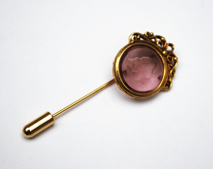 Cameo Stick pin carved Pink Glass Intaglio Cameo Victoria revival gold pin brooch