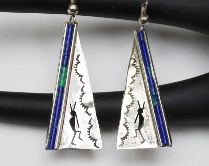 Azurite earrings - Sterling silver - tribal Triangle - dangle earrings - blue green gemstone