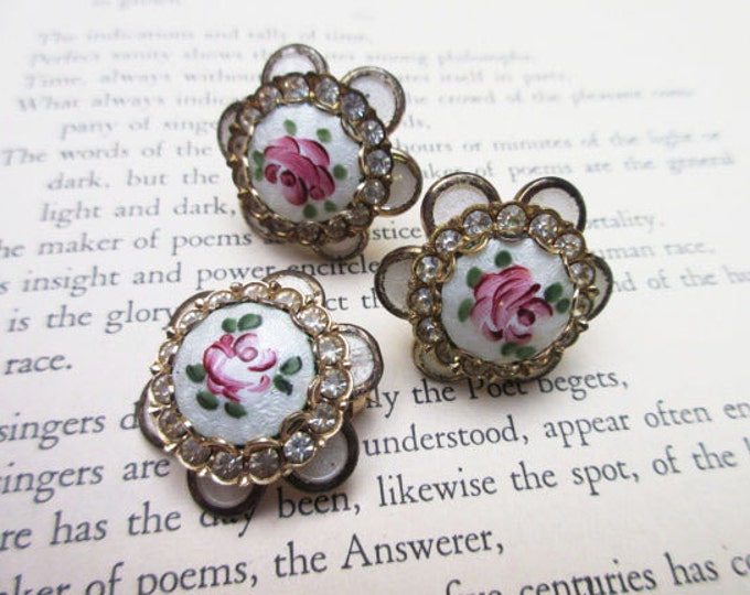 Guilloche Enamel Brooch and Earring Set - Rhinestone and Pink Rose Flower -Gift for her