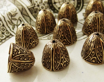Ornate Large Antiqued Brass OX Art Nouveau Victorian Bead Caps Cone Floral Leaf Embossed Tassel Ends - 4