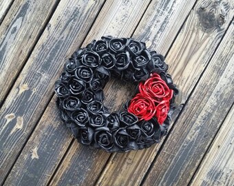 Halloween Wreath, Gothic Wreath, Black and Blood Red Flower Wreath Featured In Better Homes and Gardens Tricks And Treats Magazine