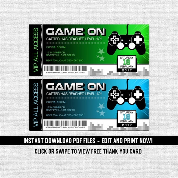 video game ticket invitations birthday party instant