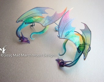 Rainbow Dragon Ear Cuffs iridescent rainbow acetate, hand wound wire non pierced clip on