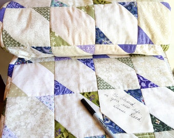 Wedding Guest Book Quilt, Lavender and Green Wedding Quilt, Purple, Green and Cream Quilt, Cottage Chic Wedding, Shabby Chic Wedding Quilt