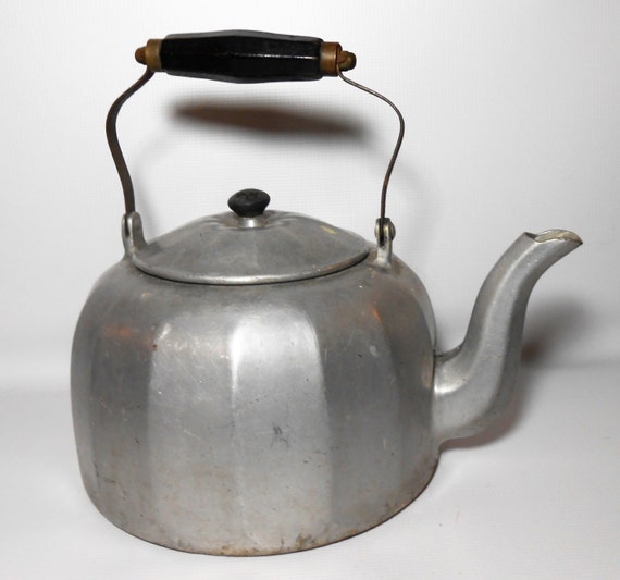 Vintage Tea Kettle Mirro Primitive Aluminum Metal Wood