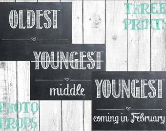 Pregnancy Announcement for Third Baby with Personalized Due Date...Photo Prop...3 Chalkboard Signs: Oldest Middle Youngest Coming Soon