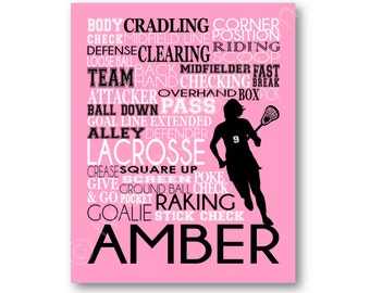 Lacrosse Typography Art Canvas or Print, Girl's Room Art, Choose Any Colors, Great Gift for any Female LAX Team or Coach, Lacrosse Playe