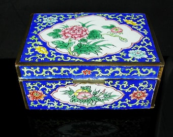 Chinese Enamel Box Asian flowers Oriental lotus blossom large Trinket casket Blue brass 4"x3" keepsake jewelry case Vintage metal hinged
