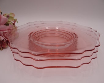 Three Signed Cambridge Pink Depression Glass Salad or Luncheon Plates with Scalloped Edges - 3 Pretty Pink Plates