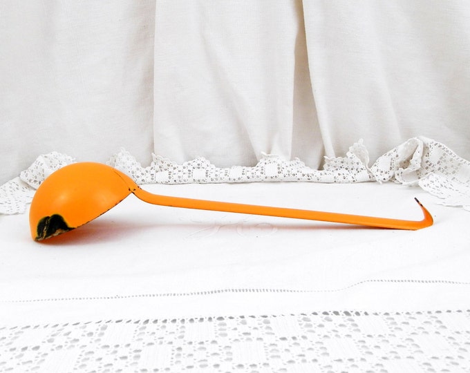 Vintage French Orange Chippy Enamelware Ladle, French Country Decor, French Kitchen, Cooking Utensil, Retro Home Interior, Kitchen Decor