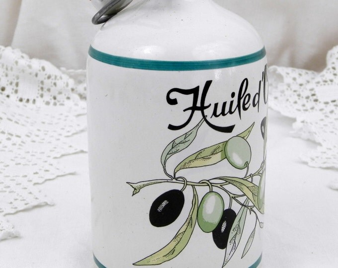 Vintage French Ceramic Bottle with Metal and Ceramic Clasp Cap for Olive Oil " Huile d'Olive" Retro Home Interior French Country, Provencal