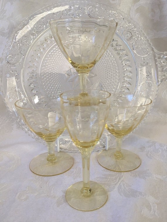 Yellow Depression Glass Stemware Citrine Etched Glass Set Of