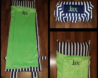 Boys Navy Stripe Nap Mat Navy White Stripe Lime Minky Blanket