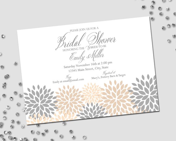 Bridal Shower Invitation - Grey & Tan Flowers - Flower Burst - Pom Flowers - Neutral Bridal Shower - Landscape - Printable Il_570xn