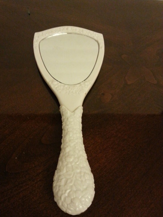 Ceramic White Hand Mirror with Pretty Rose Design