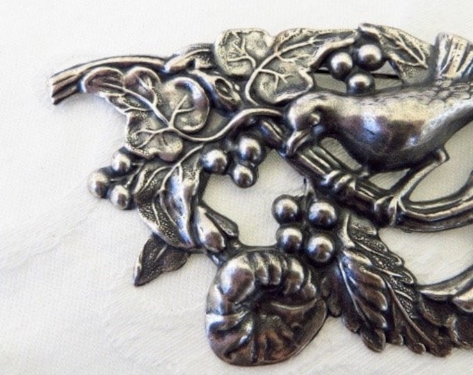 Antique Art Nouveau Brooch, Sterling Bird Pin, Flowers Berries and Leaves, Nature Jewelry