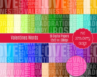 75% OFF Sale - 56 Digital Papers - Valentines Words - Instant Download - JPG 12x12 (DP276)