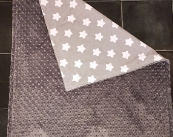 Handmade to order soft Plush dimple Blanket grey with white stars ideal for baby's bed/pram crib cot etc