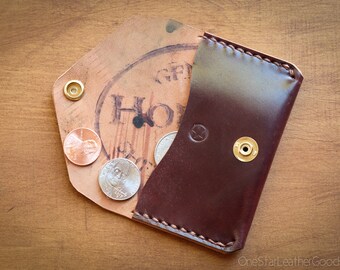 Coin pouch, business card case, slim wallet, accessory for men & women, snap pouch, coin case, Horween leather - Burgundy #8 shell cordovan