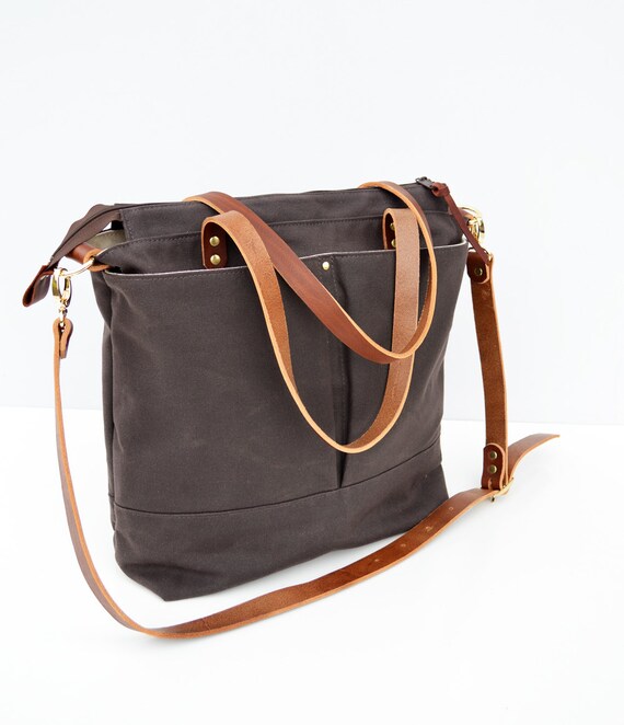 Items similar to Dark brown waxed canvas diaper bag nappy bag tote bag