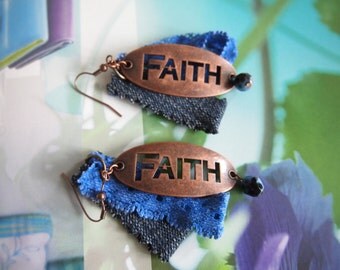 Earrings, denim, lace, copper,beads